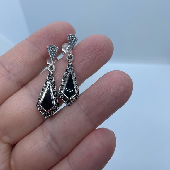 Sterling Silver Kite Black Onyx Marcasite Earrings - Picture 1 of 4